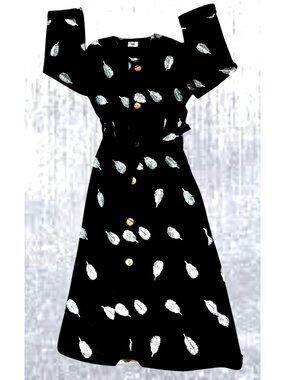 Rare Vintage DS Diyana Secret Black Maxi Dress Large Embroidered Feathers Button